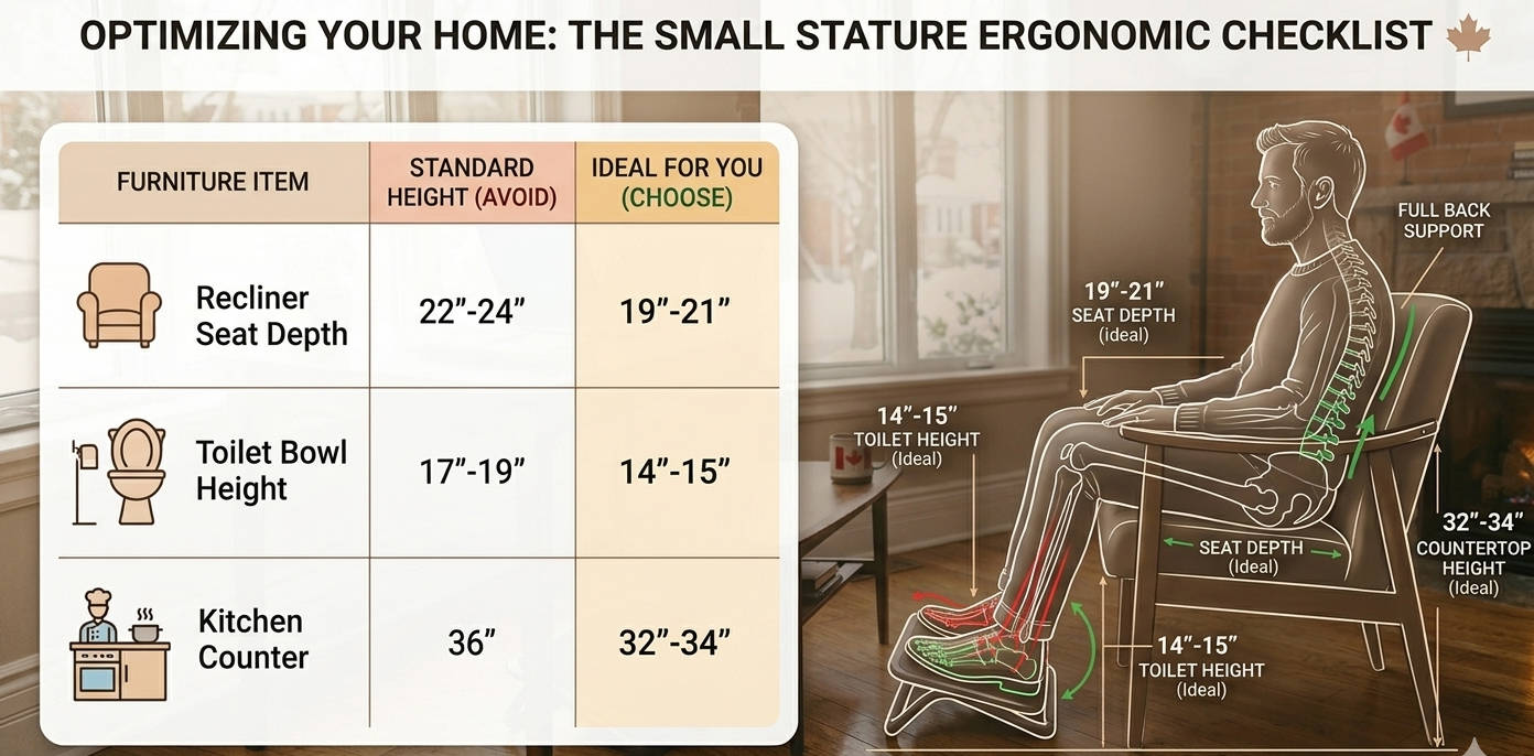 An informative infographic chart reproducible from the text checklist, titled 'OPTIMIZING YOUR HOME: THE SMALL STATURE ERGONOMIC CHECKLIST'. A detailed skeleton drawing shows optimal posture in an supported armchair with a footrest, annotating key ideal measurements like '19