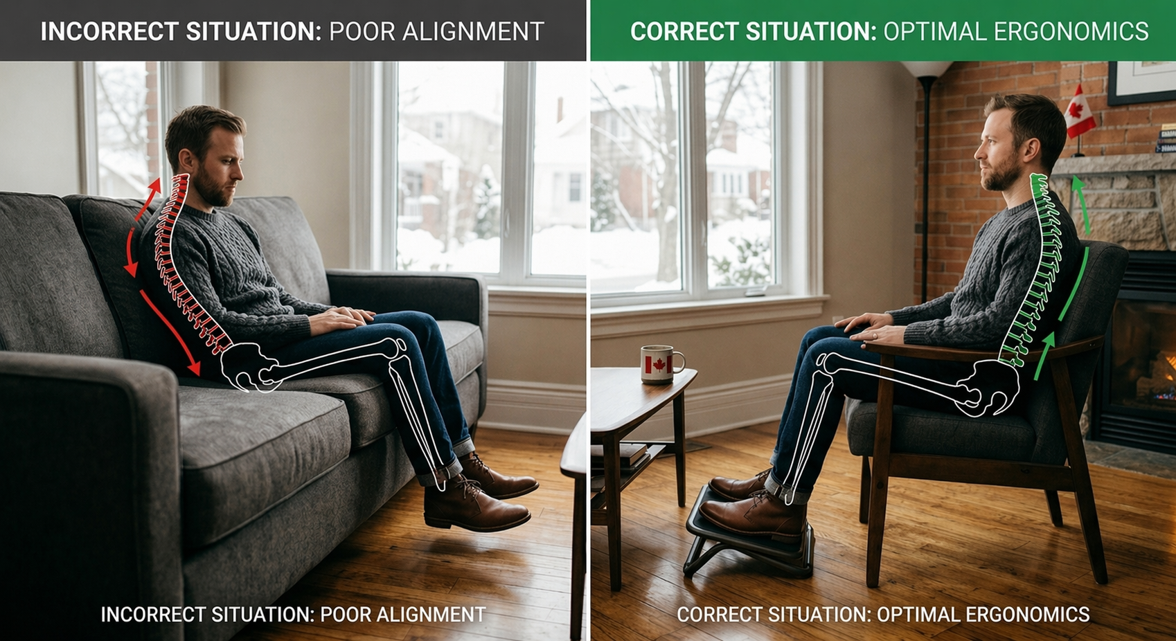 A split-screen infographic comparing a smaller-stature male sitting in an oversized Canadian sofa with dangling feet and poor posture (left) vs. sitting in a well-proportioned chair with a footrest and optimal spinal alignment (right), warm firelight.