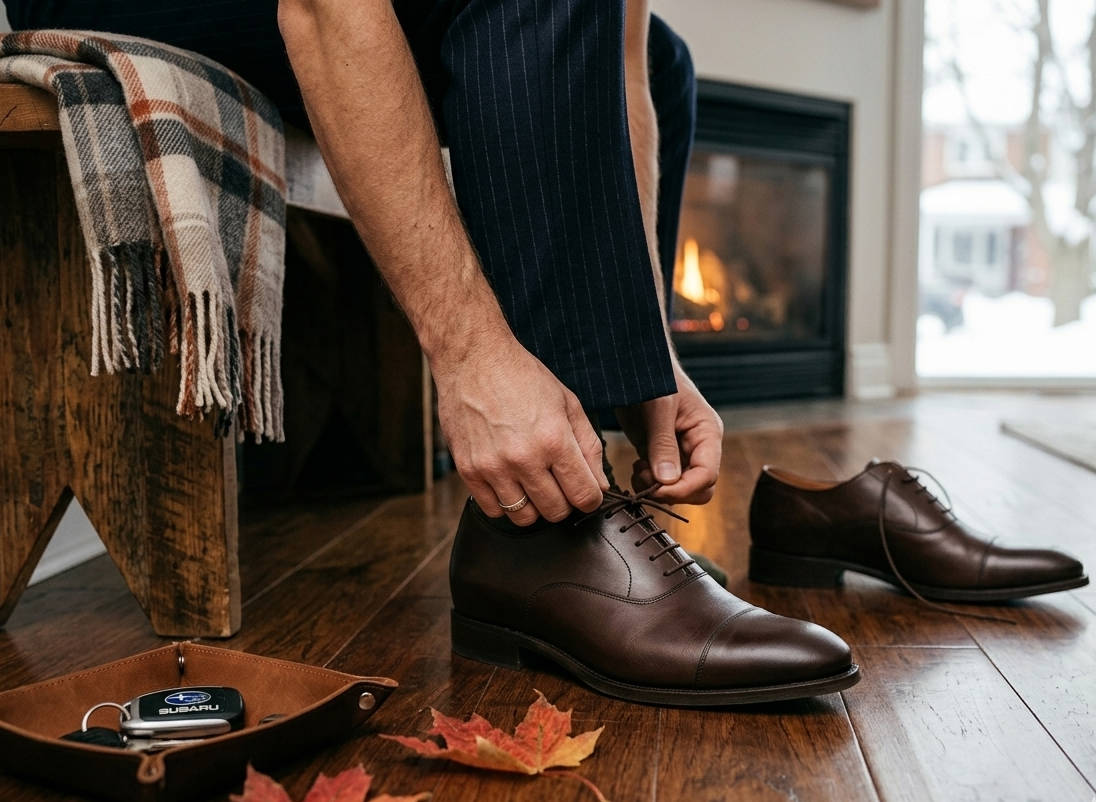 A sophisticated close-up photograph of a man’s hands tying the laces of premium dark brown leather cap-toe Oxford shoes featuring a discreet internal height lift, as seen in image_12.png. A Subaru key fob and a red Canadian maple leaf are scattered nearby on a rustic wooden entryway bench, establishing a high-end Canadian lifestyle.