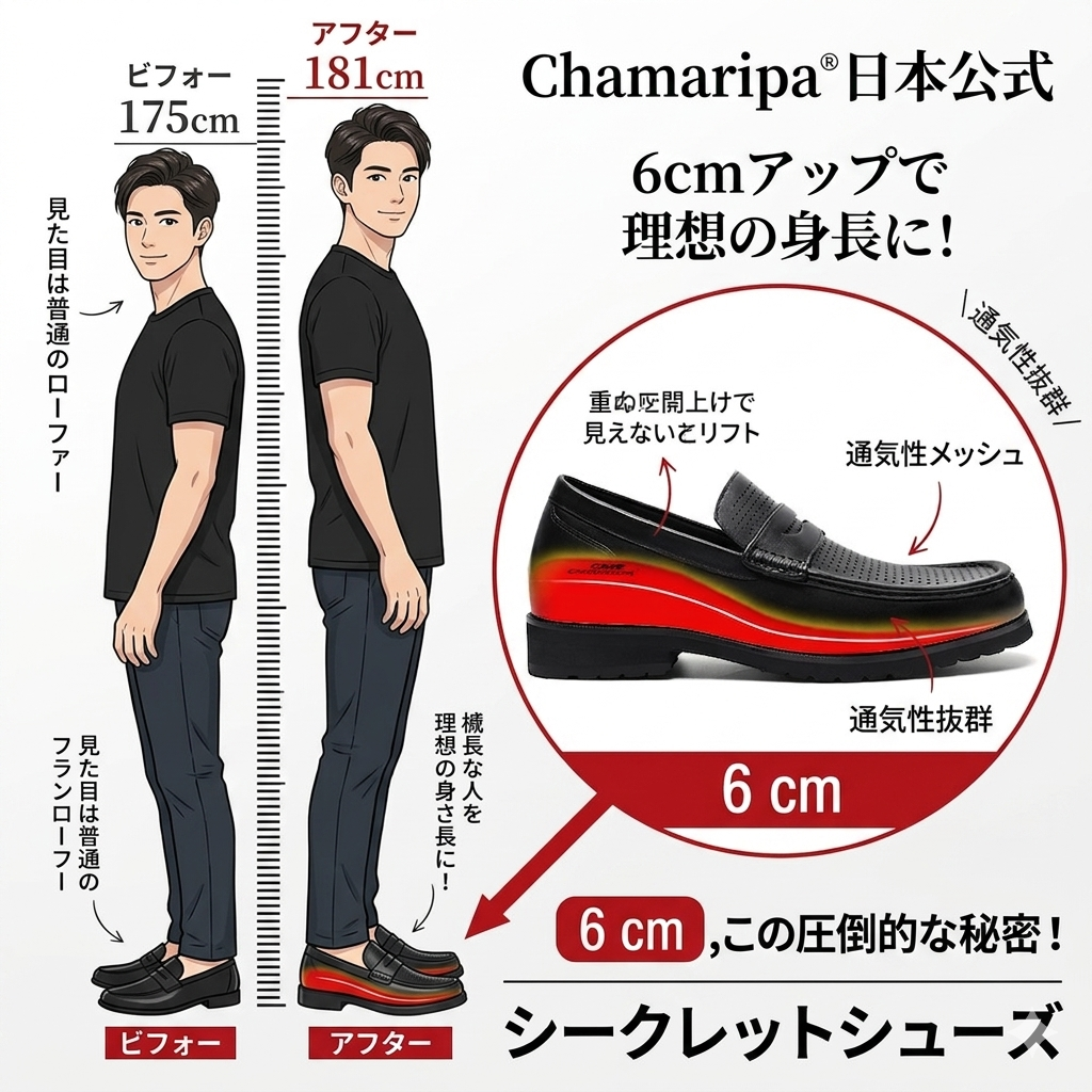 比較画像は、身長の低い男性が一般的な靴を履いた場合と、Chamaripa（チャマリパ）のシークレットシューズを履いた場合における、見た目の違いを如実に示しています。Chamaripaのシークレットシューズを着用することで、男性の脚のラインはより長く伸びやかに見え、ズボンの裾もすっきりと洗練された印象に収まります。