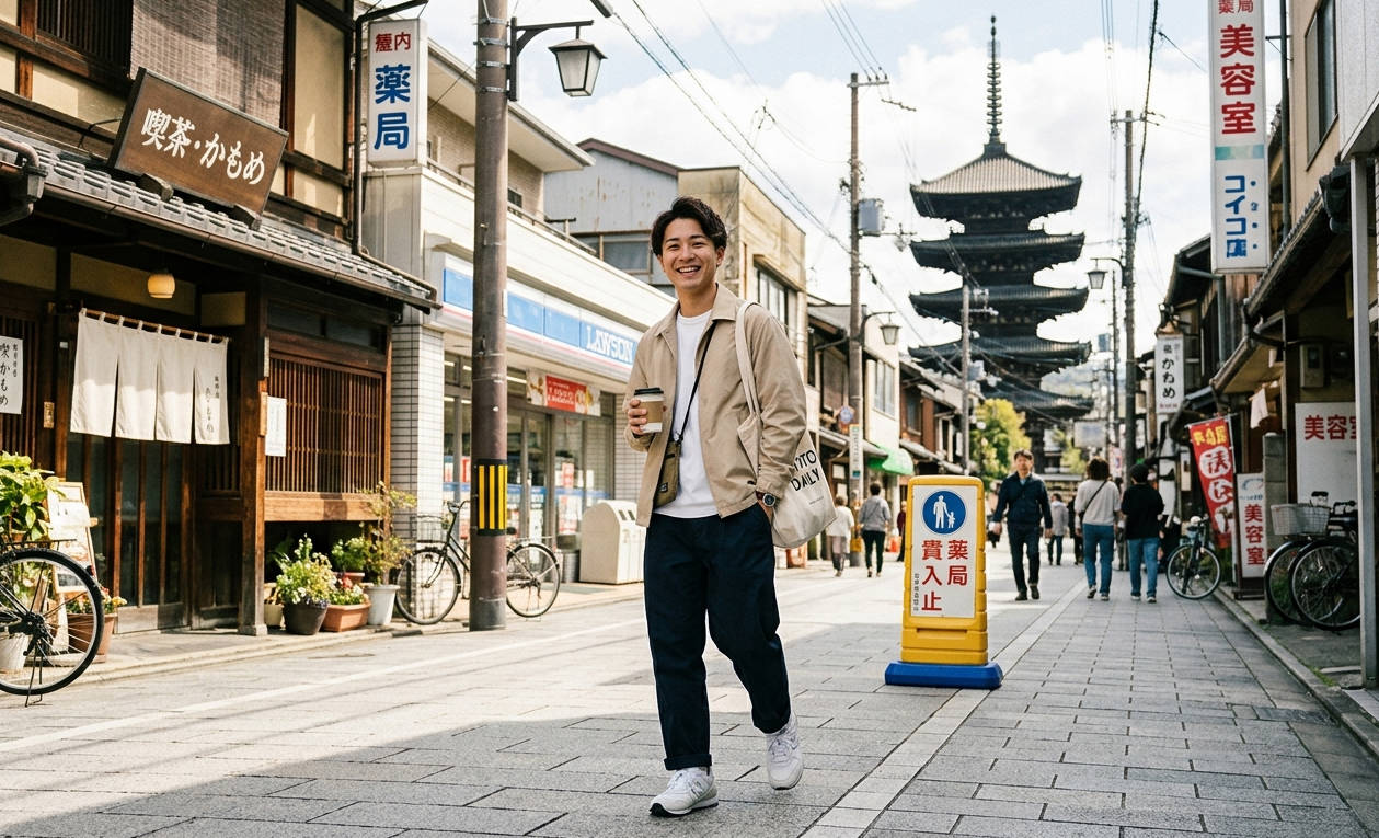 自信に満ちた笑顔と、TPOにふさわしいベーシックな装いを披露する、小柄で陽気な男性のストリートスナップ。