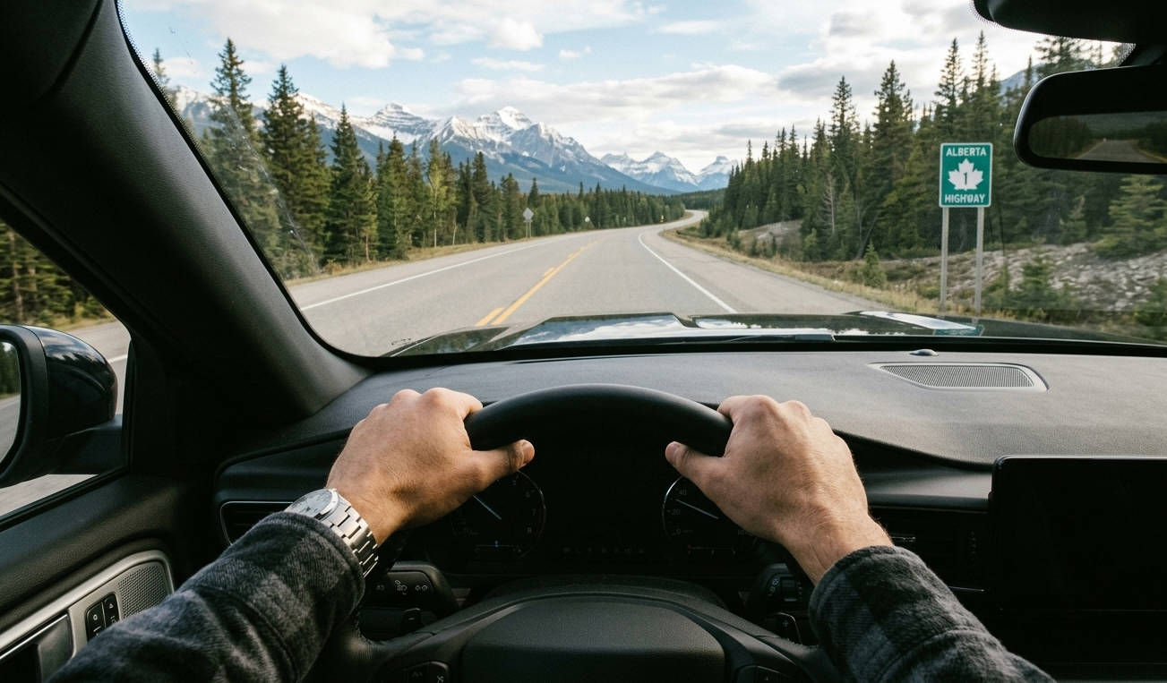 First-person POV of a shorter driver behind the wheel of a car on a Canadian highway with mountain views, showing limited visibility over the dashboard.