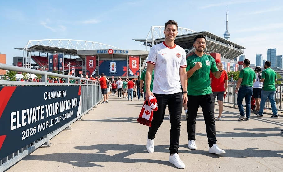 2026 World Cup soccer fan style in Canada with elevator sneakers.