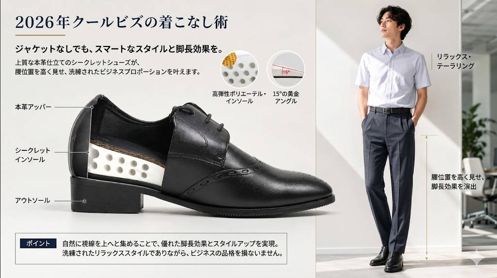 2026年のクールビズ向けシークレットシューズの紹介画像。左側に黒い本革ビジネスシューズのインソール断面図、右側にシャツとスラックスを着こなした男性モデルの全身スタイリングを掲載。