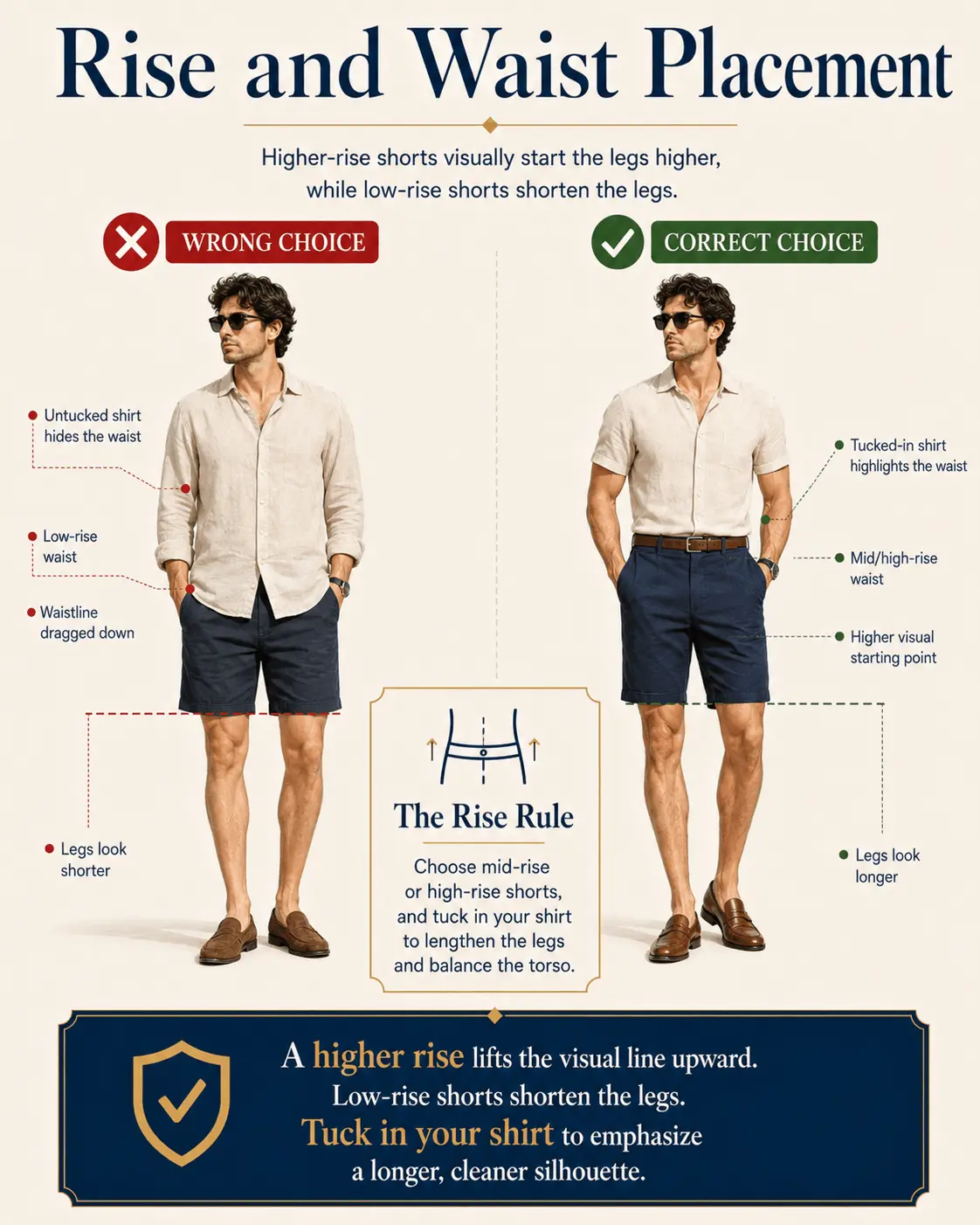 shorts for short men Rise and Waist Placement