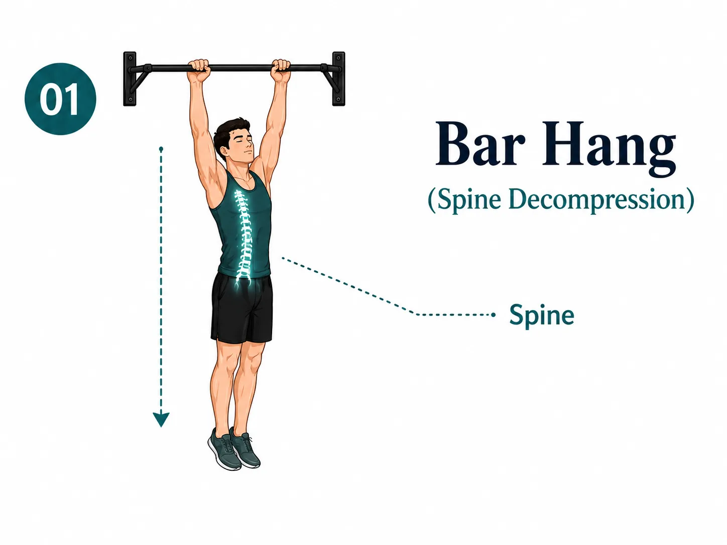 Bar hang exercise for spine decompression and posture correction