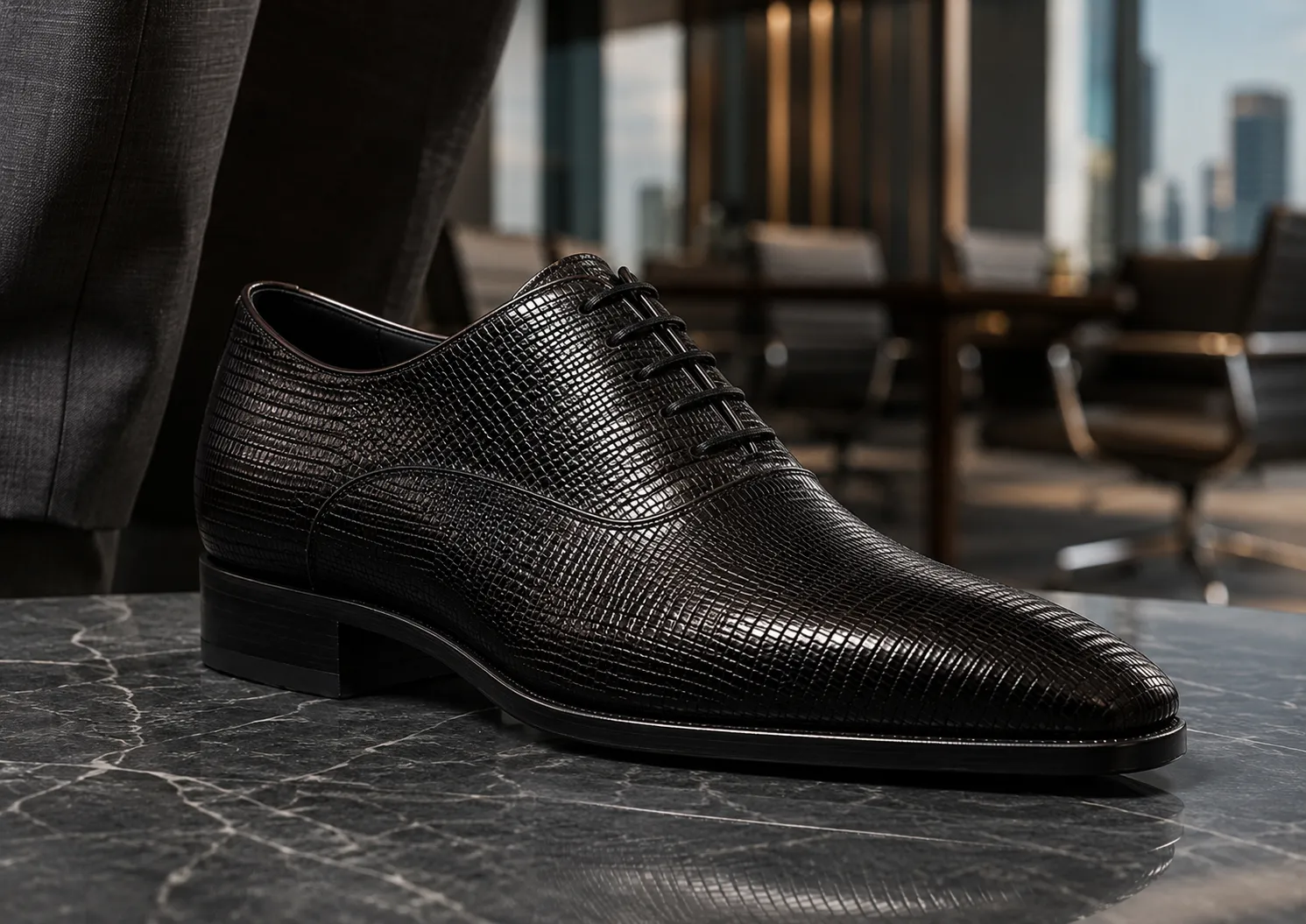 Handcrafted men's lizard skin elevator dress shoe in black, displaying intricate scale symmetry on a marble table inside a high-end Australian corporate boardroom.