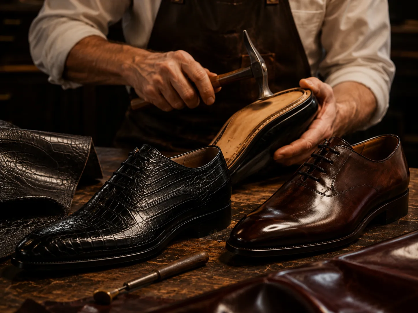 An artisan shoemaker meticulously handcrafting custom crocodile and premium leather dress shoes in a workshop.