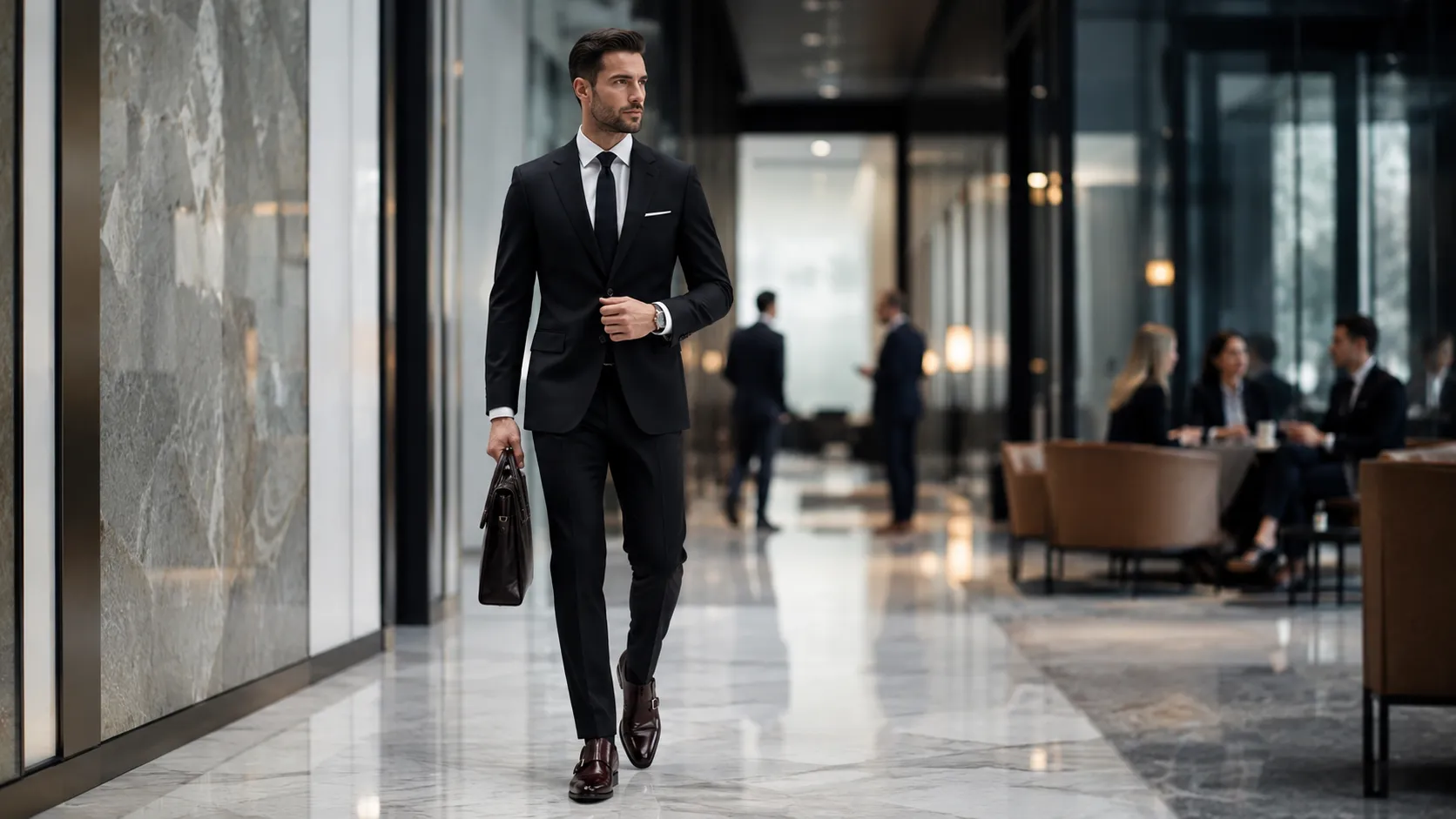 A stylish man wearing a tailored black suit with mahogany brown dress shoes in a modern business hallway.