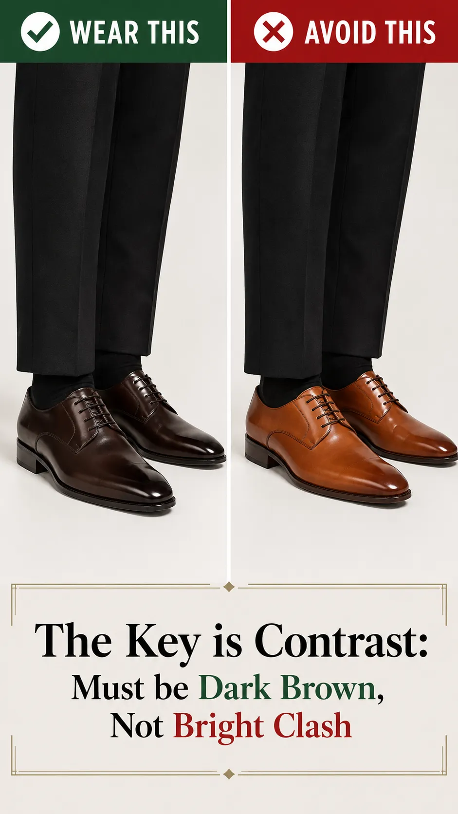 Infographic showing dark brown dress shoes paired correctly with a black suit versus light tan shoes to avoid.