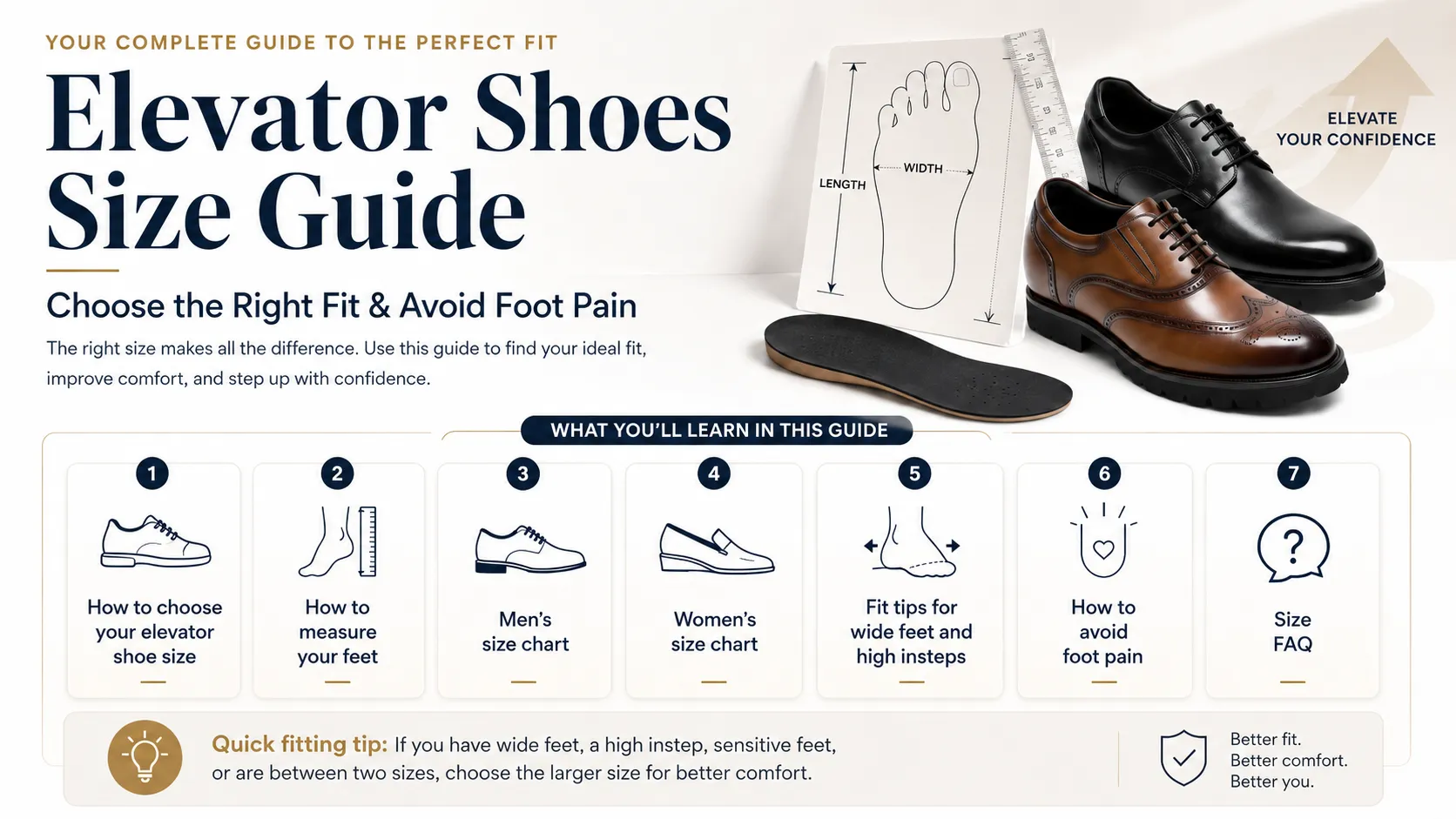 Elevator shoes size guide and fitting tips for wide feet to avoid foot pain