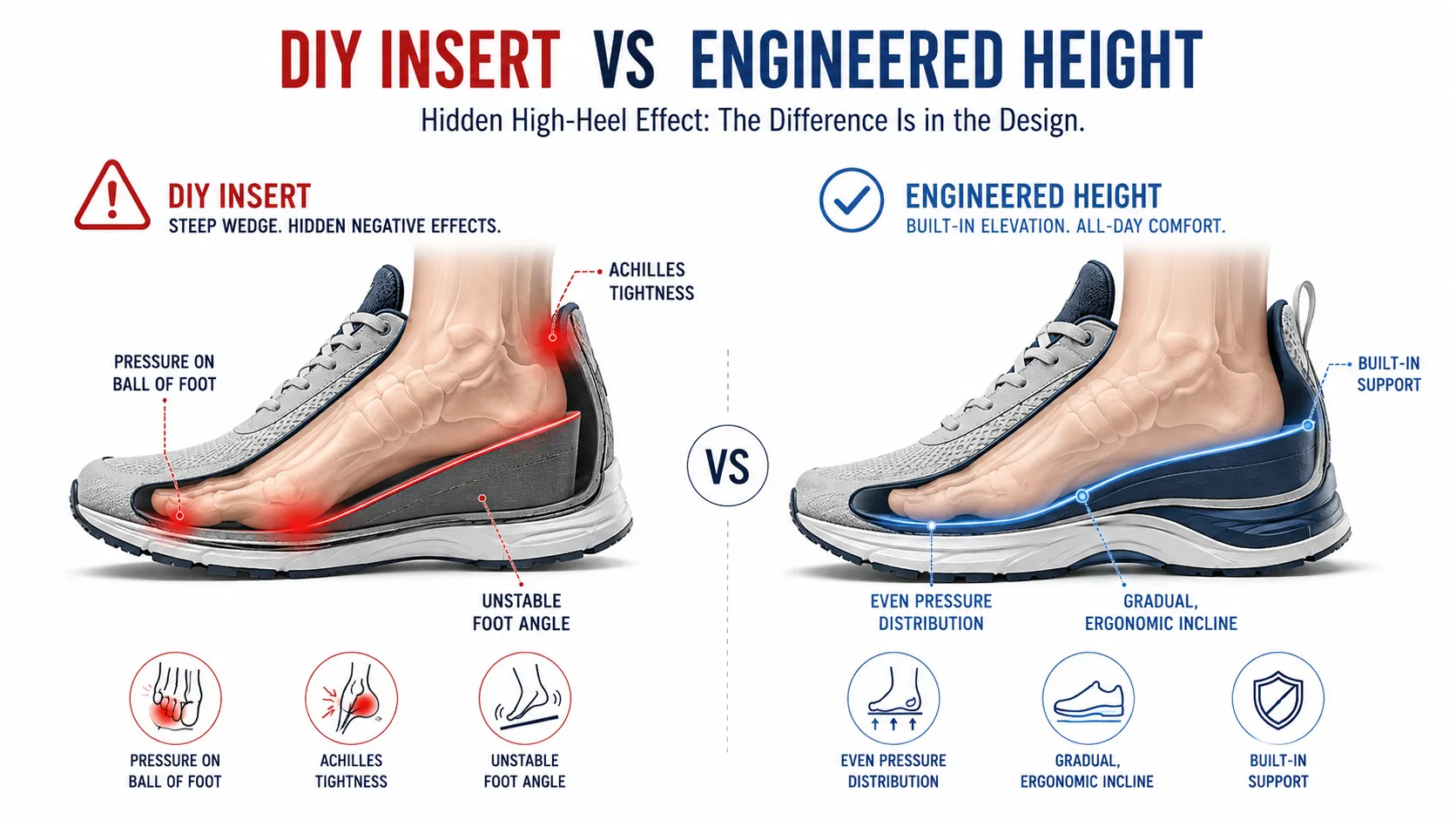 DIY height increasing insoles vs built-in engineered elevator shoes orthopedic comparison
