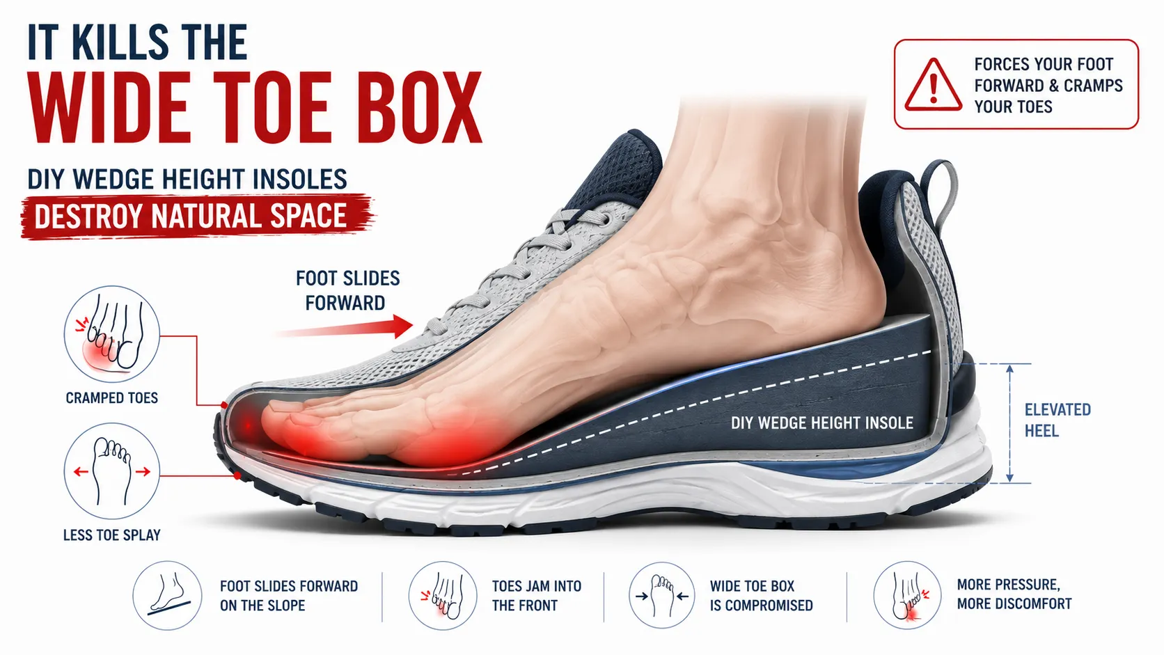 How DIY wedge height insoles ruin wide toe box shoes by forcing toes forward