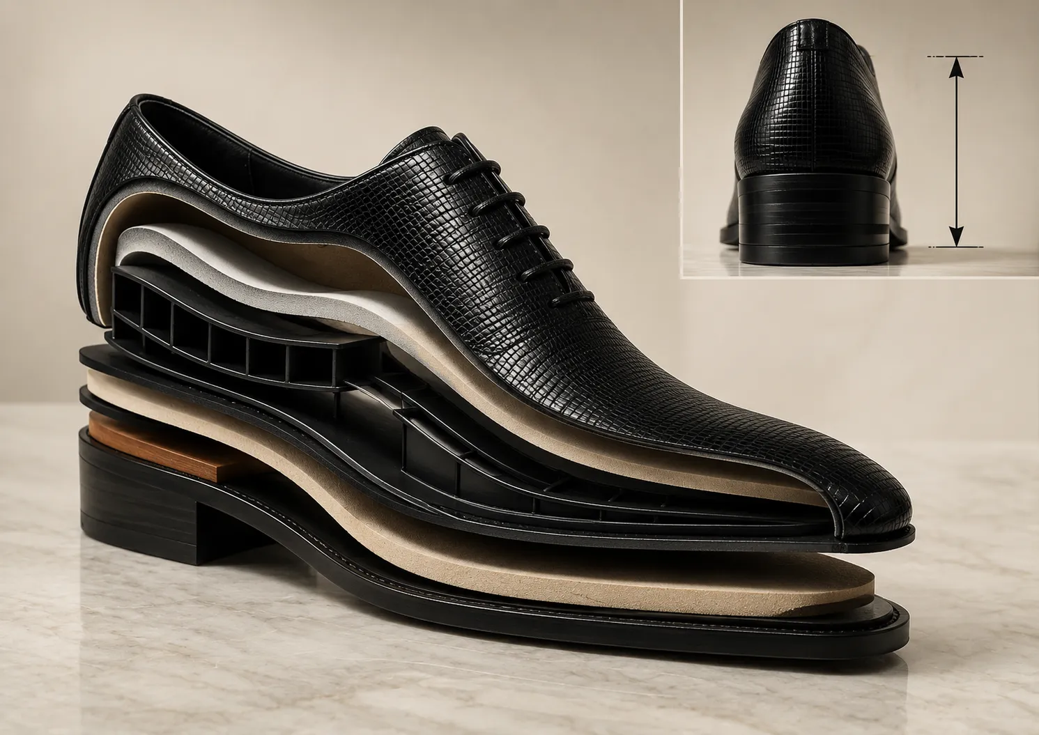 An exploded cross-section view of a luxury exotic leather shoe detailing the proprietary ergonomic internal lifts and invisible layer structure for a seamless 15cm height increase.