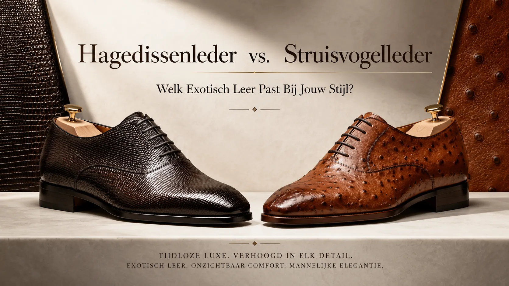 Vergelijking tussen luxe herenschoenen van hagedissenleder en struisvogelleder