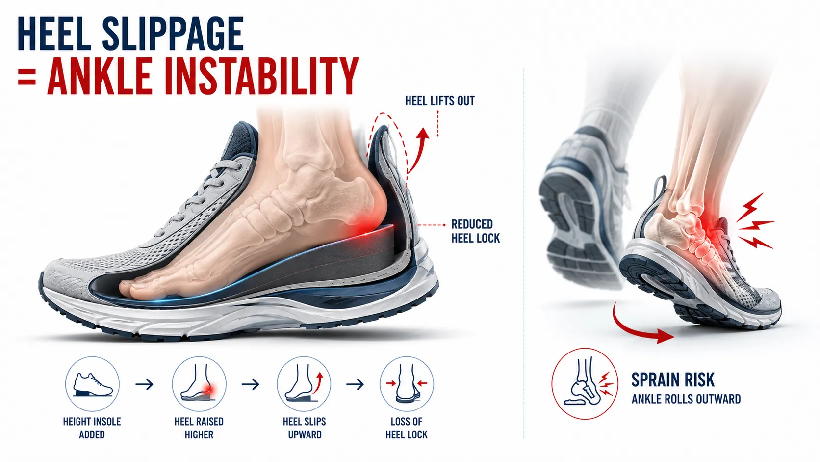 Heel slippage and ankle instability sprain risk from using height inserts in sneakers