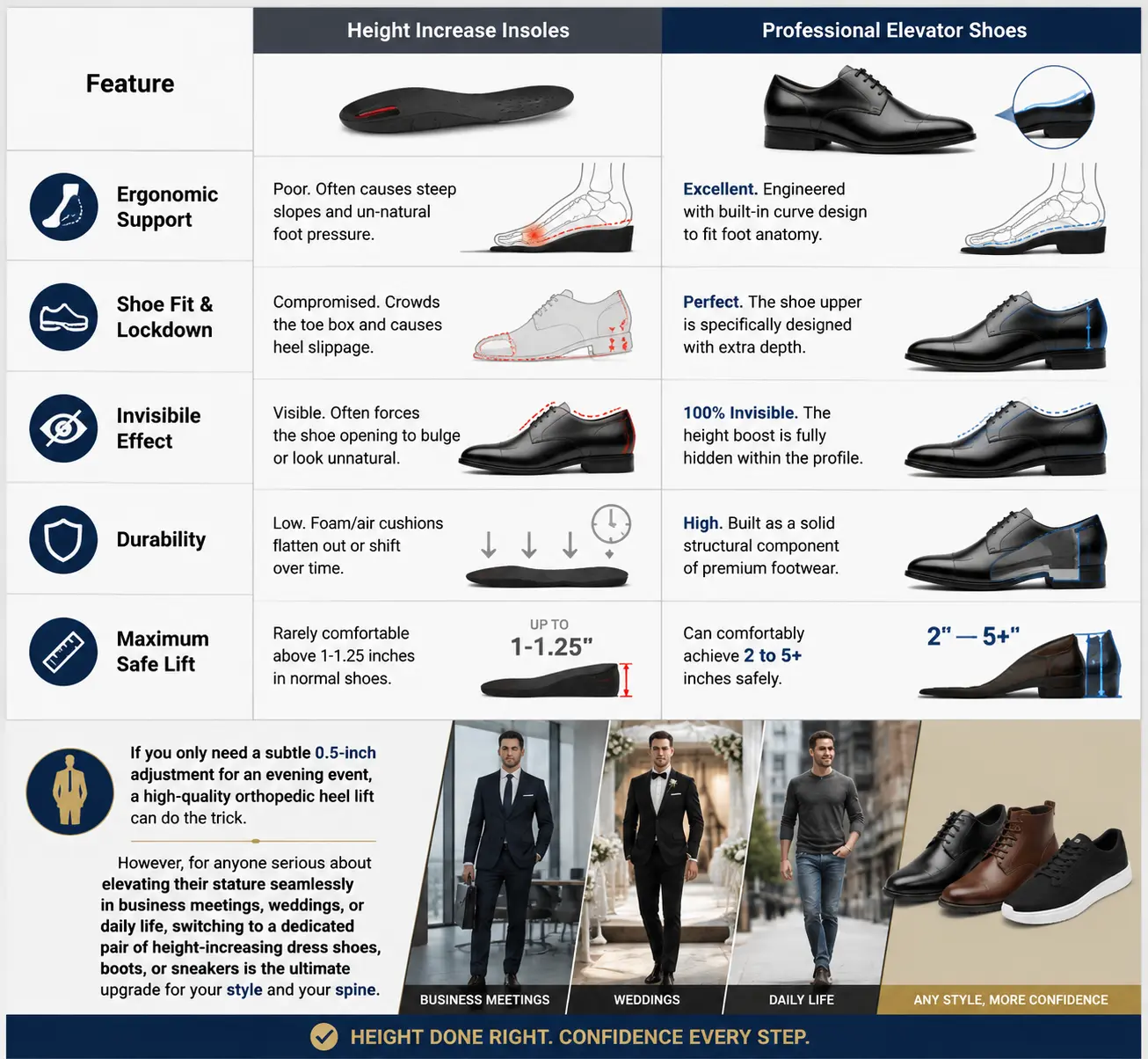 height increasing insoles vs elevator shoes
