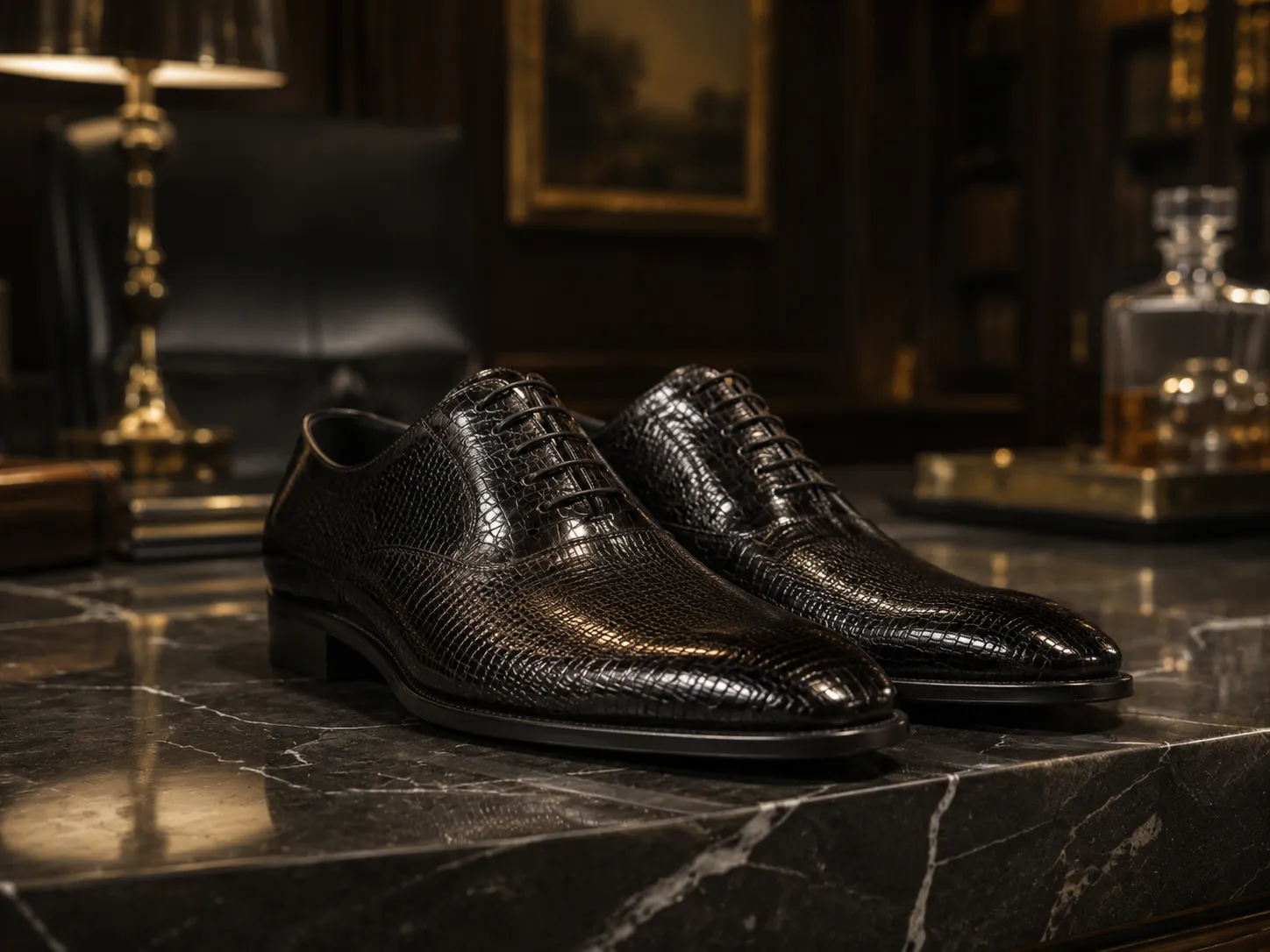 Exklusive schwarze Herren-Oxford-Schuhe aus fein strukturiertem Eidechsenleder mit elegantem Glanz.