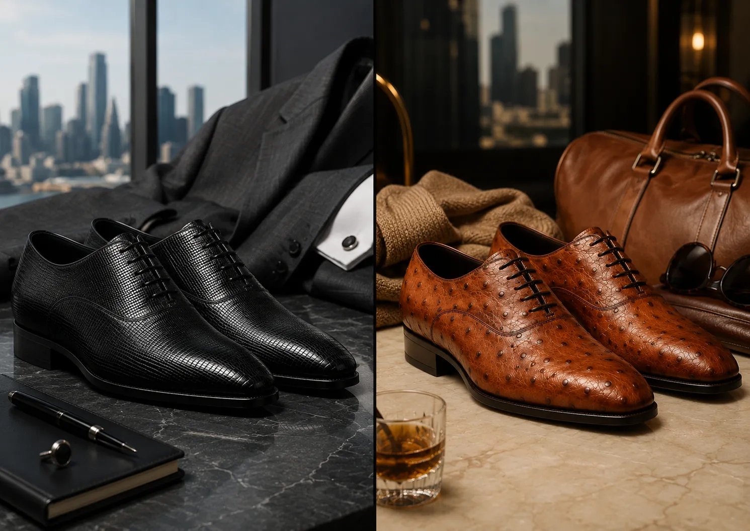 A side-by-side lifestyle comparison of black genuine lizard skin shoes and brown premium ostrich leather elevator shoes featuring premium Australian tailoring accessories.