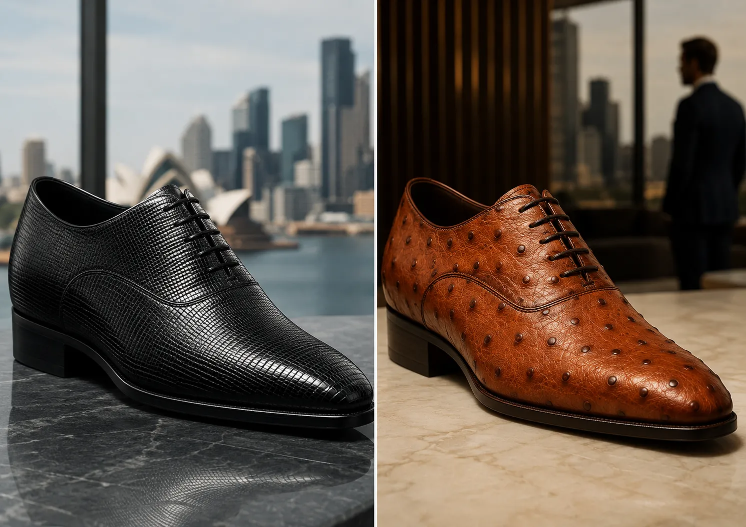 A dual-panel showcase of custom lizard skin shoes and genuine ostrich leather footwear overlooking the iconic Sydney Opera House and city skyline.