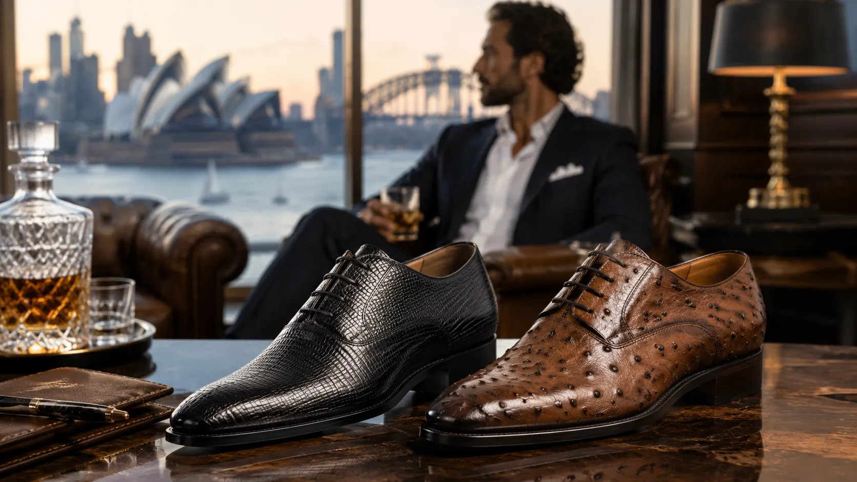 Premium lizard and ostrich leather elevator shoes displayed in a luxury harbor-view lounge in Sydney.