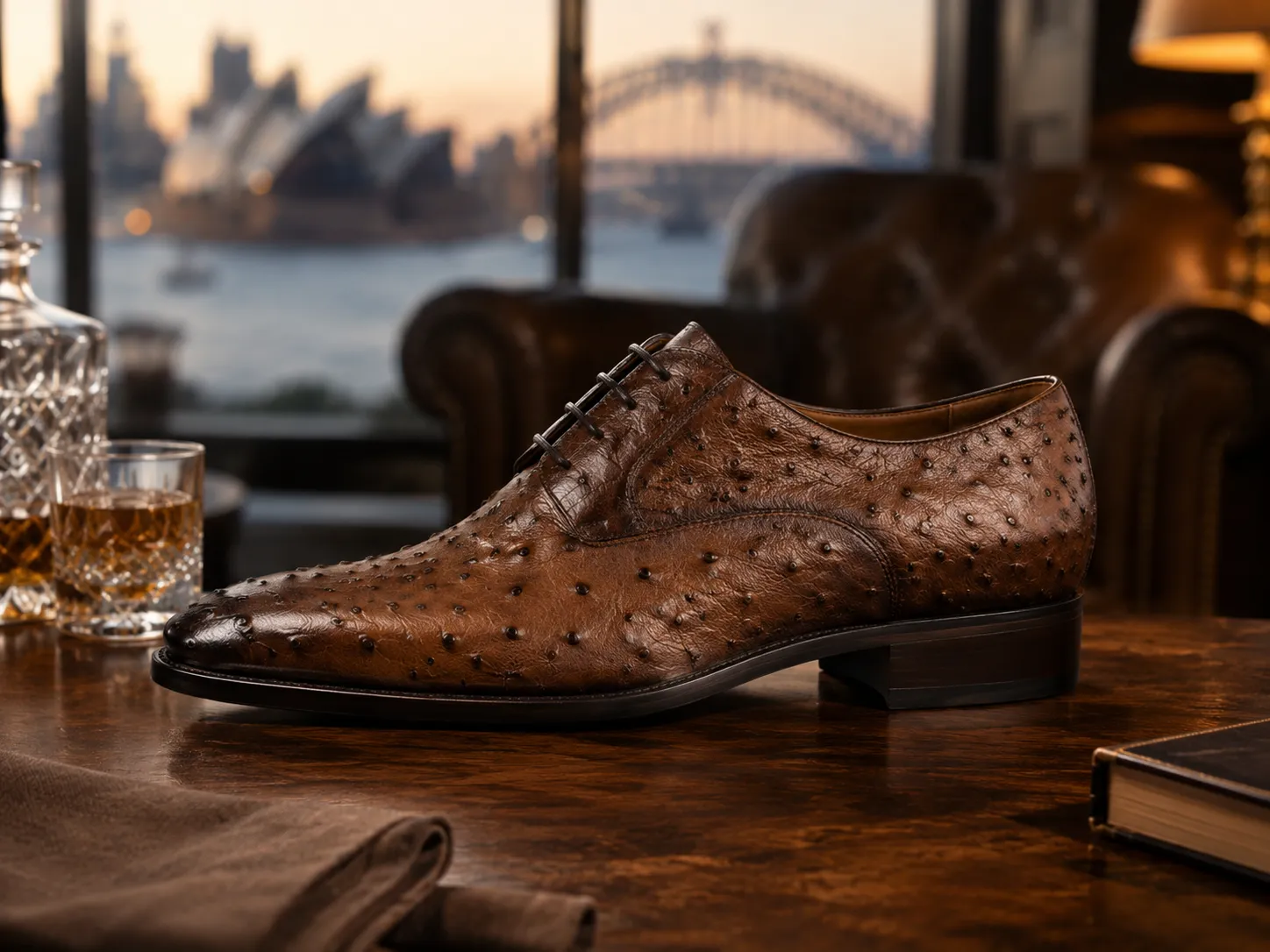 Luxury brown ostrich leather dress shoes showcased against the scenic backdrop of the Sydney Opera House at sunset.