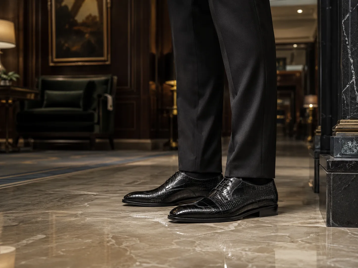 Stilvoller Gentleman in elegantem Anzug mit maßgefertigten Luxus-Elevator-Schuhen aus edlem Exotenleder.