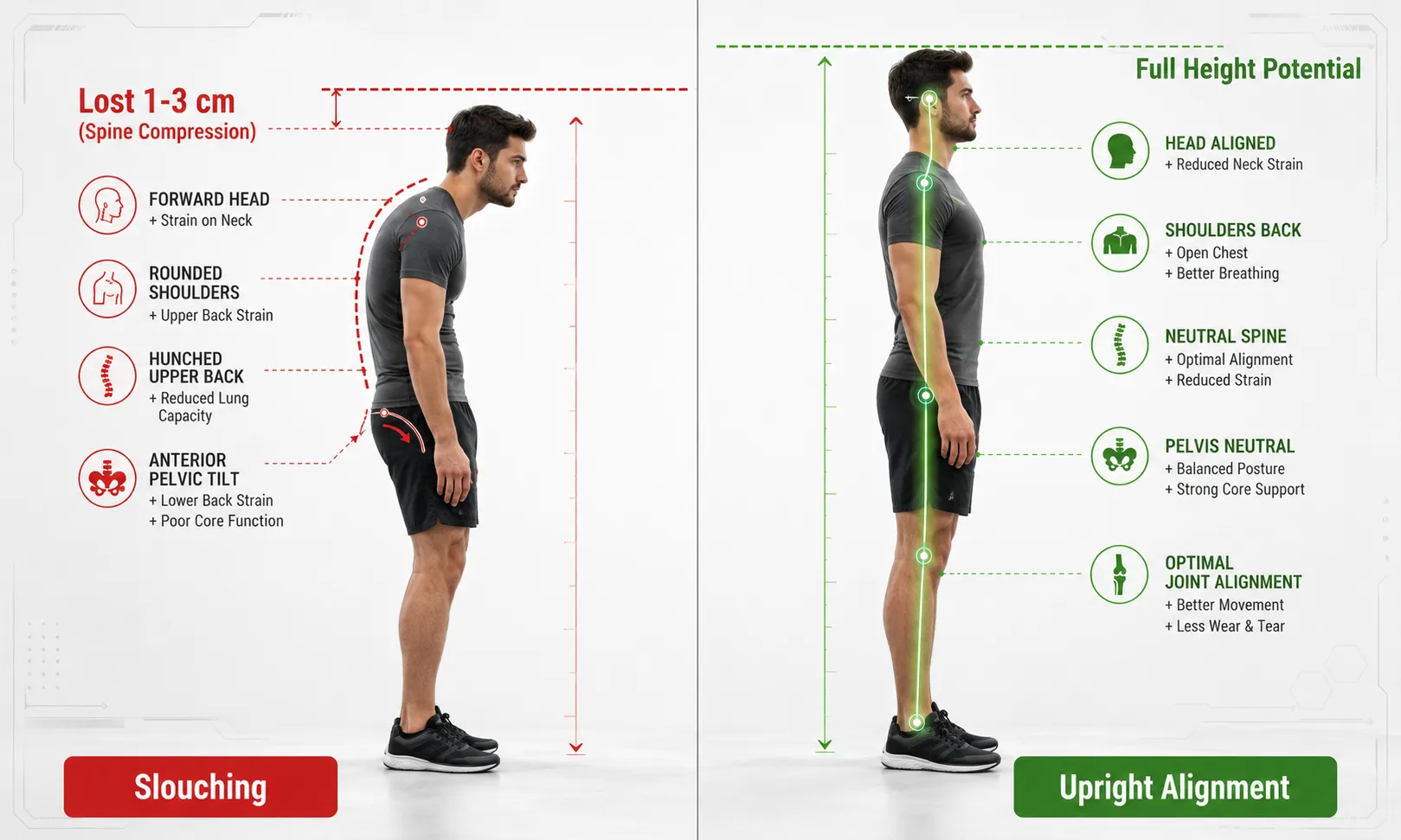 Comparison between slouching poor posture and upright spine alignment showing height loss