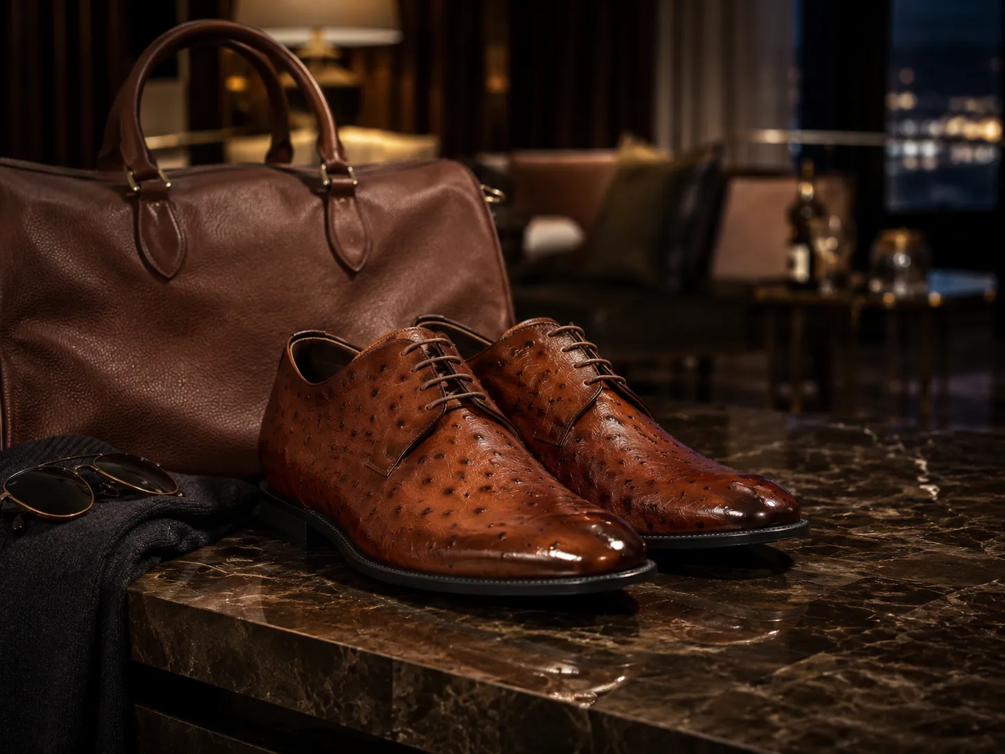 Luxuriöse braune Herrenschuhe aus geschmeidigem Straußenleder mit markanter Noppenstruktur und passender Reisetasche.