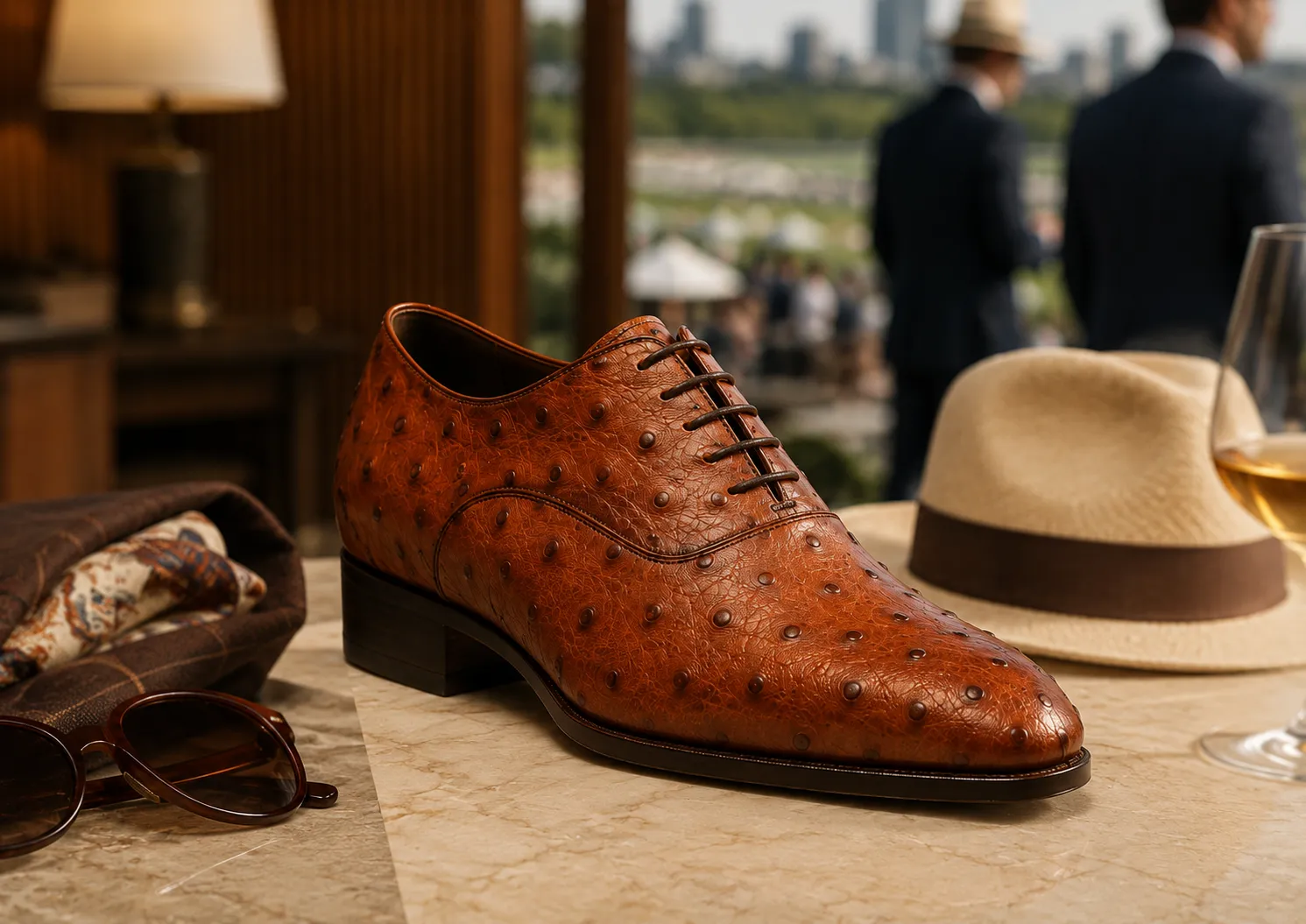 Tan premium ostrich skin elevator shoe showcasing iconic raised quill patterns styled with a fedora hat and sunglasses for elite Australian raceway events.