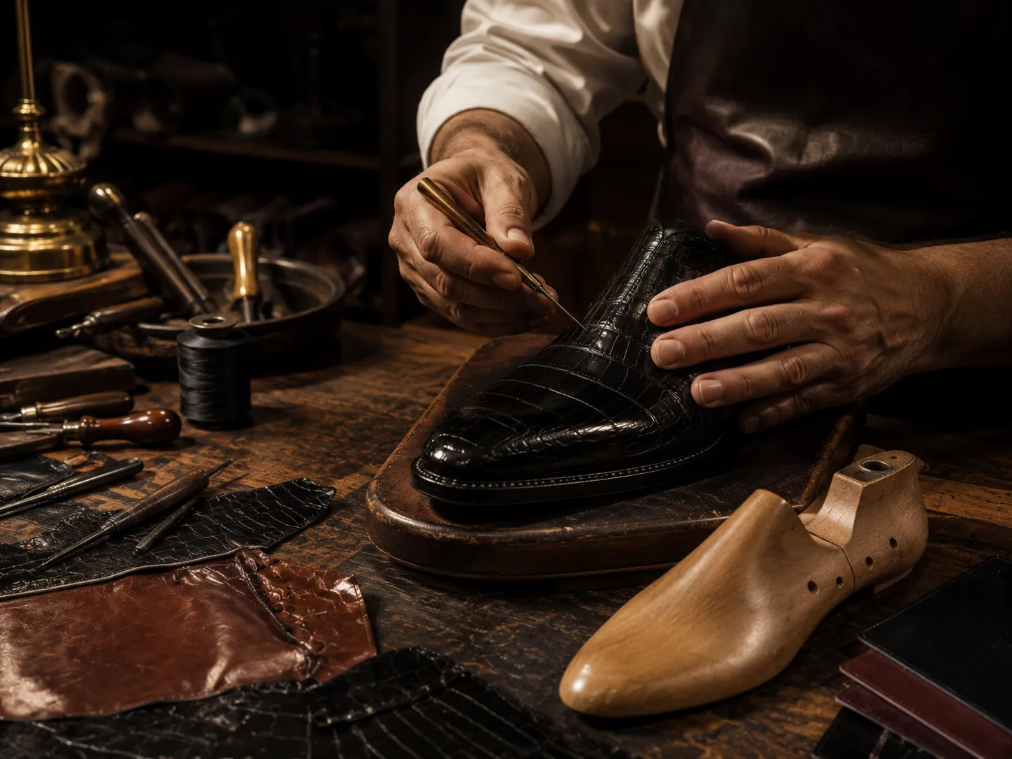 Traditionelle Handarbeit eines erfahrenen Schuhmachers bei der präzisen Fertigung von exklusiven Maßschuhen.