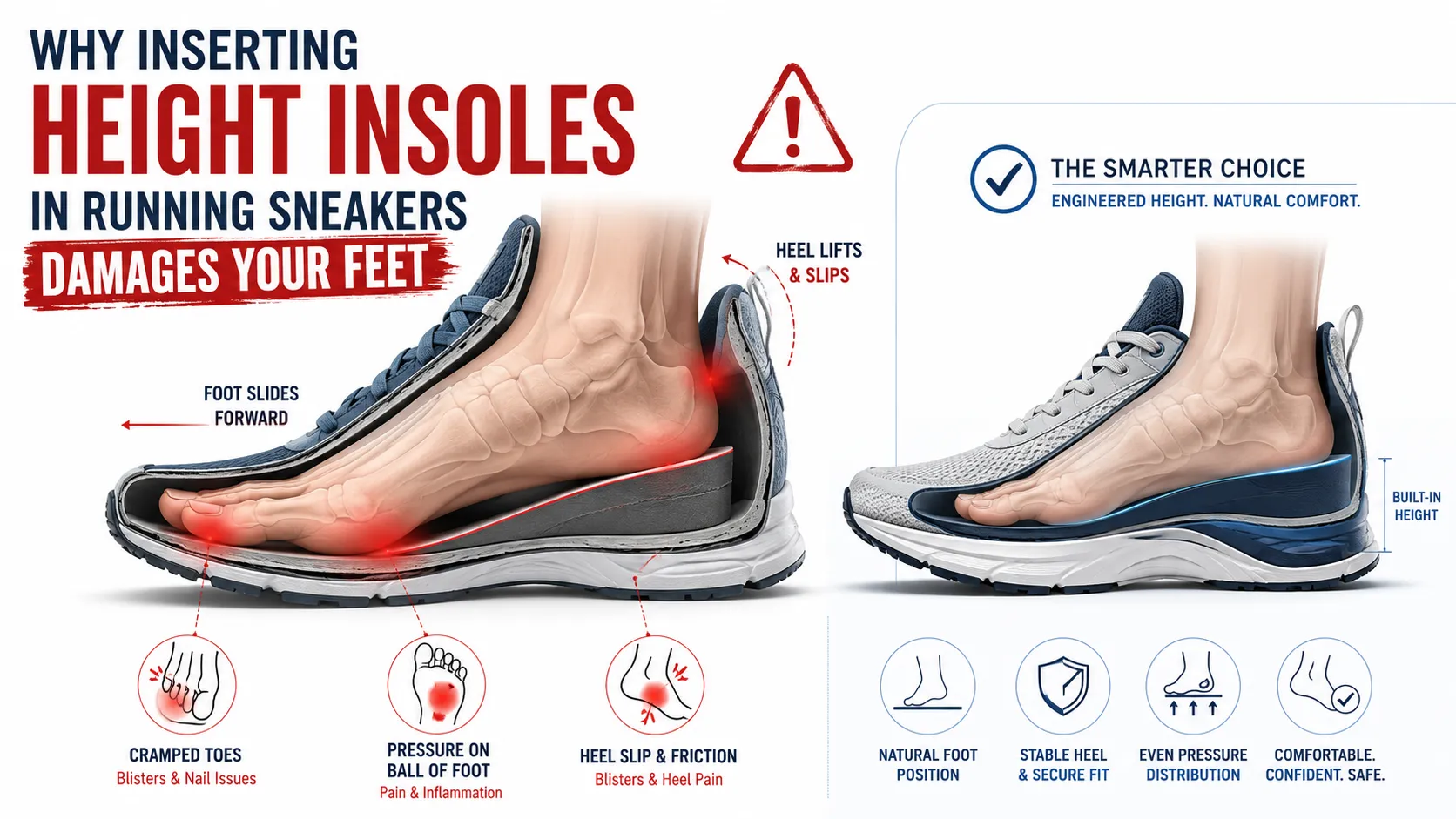 Anatomy of foot pain and damage caused by putting height insoles in running sneakers
