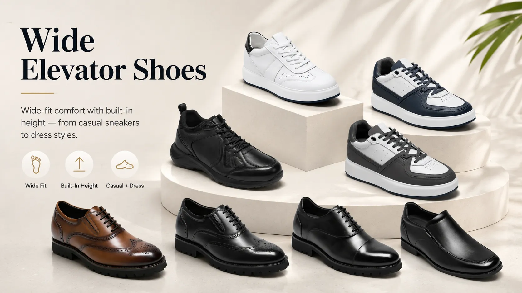 Wide elevator shoes collection featuring built-in height casual sneakers and dress shoes