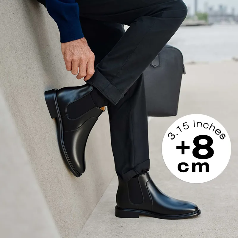 Men's casual height increasing chelsea boots in black leather