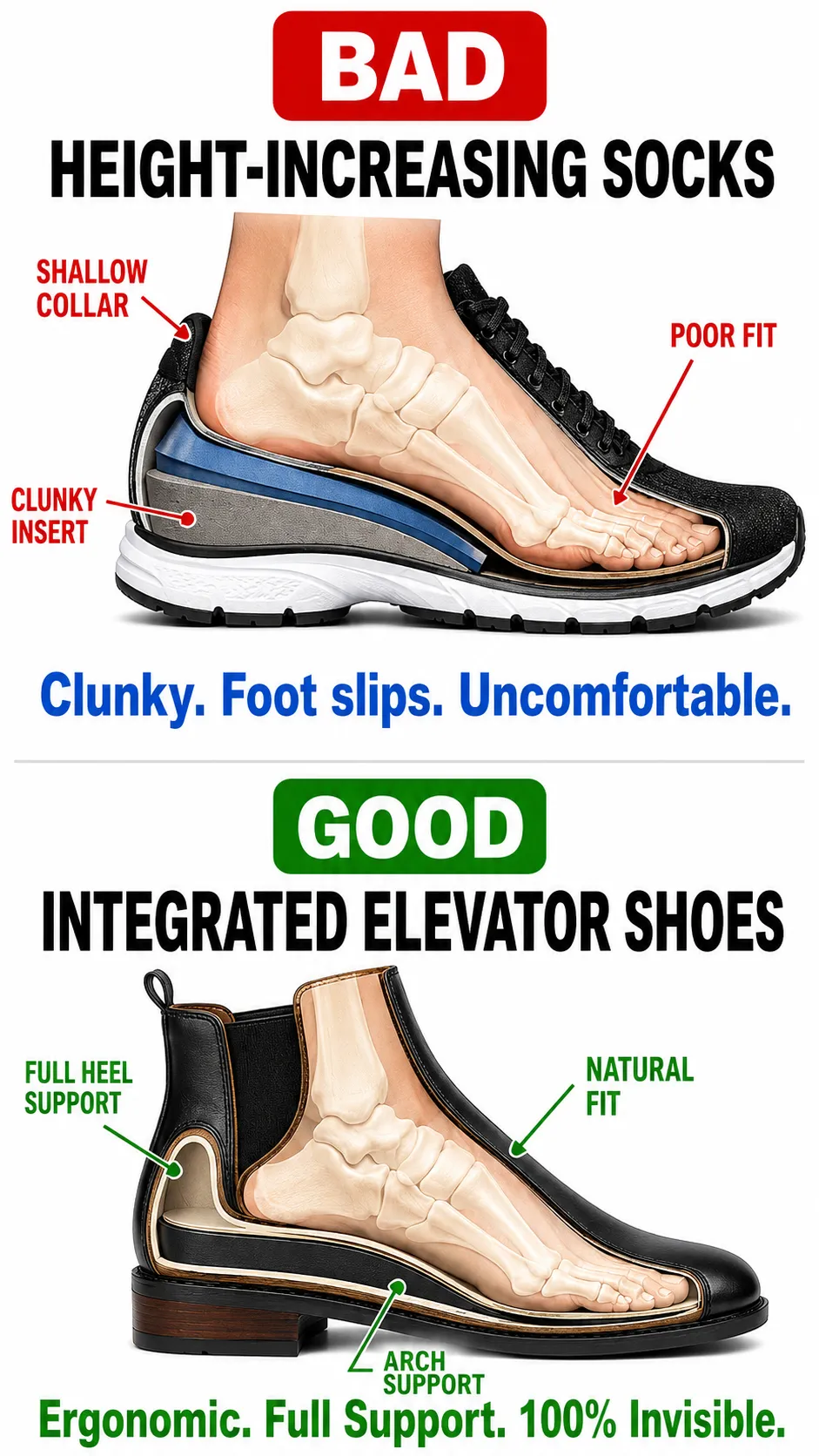 Integrated elevator shoe structure showing ergonomic arch support