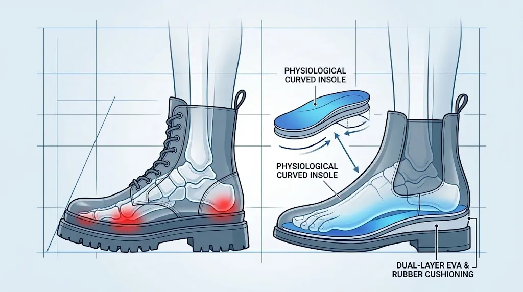 An anatomical cutaway diagram illustrating the pressure points in a regular boot and the physiological curved insole and dual-layer cushioning in an ergonomic platform boot for comfort.