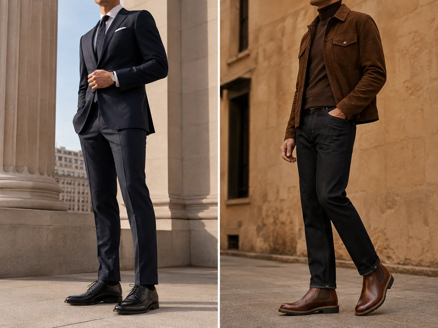 Styling ideas with black elevator dress shoes in a tailored suit and brown Chelsea boots in smart casual wear