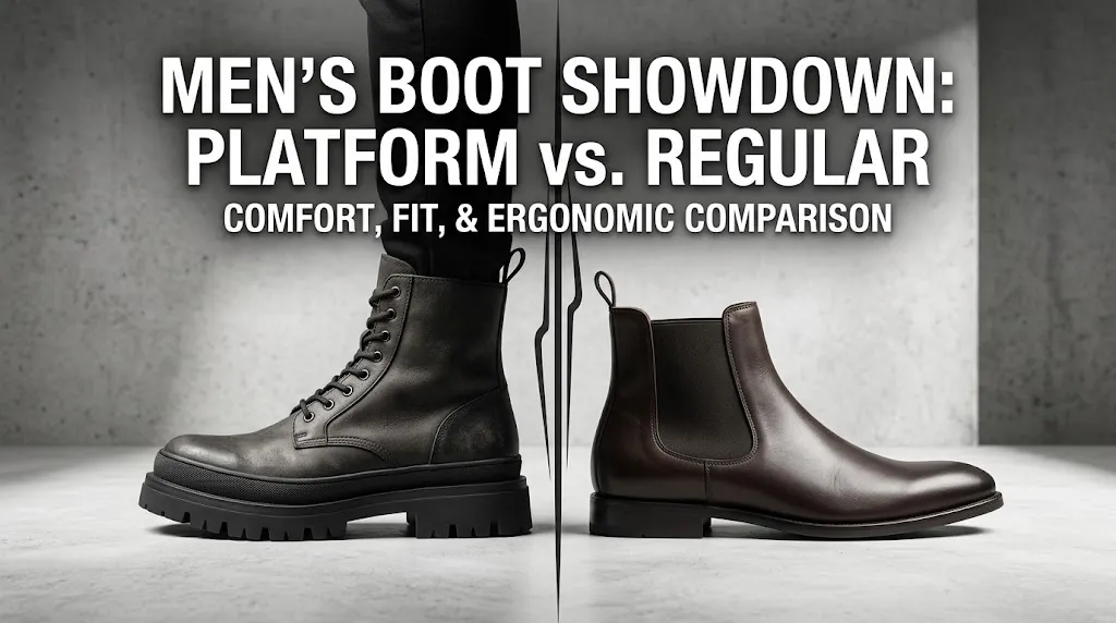 A side-by-side comparison of a man's chunky black lace-up platform boot (left) and a brown leather Chelsea regular boot (right), introducing the men's boot showdown topic.