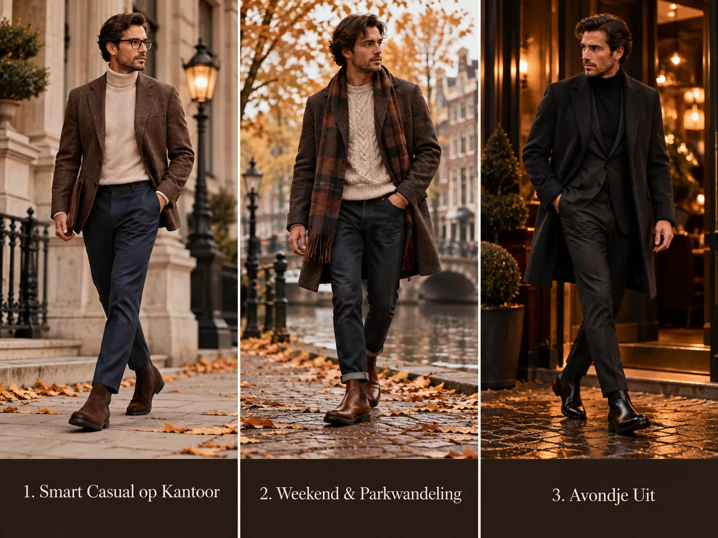 Drie herfst outfit combinaties met chelsea boots voor heren: Smart Casual, Weekend en Avondje Uit