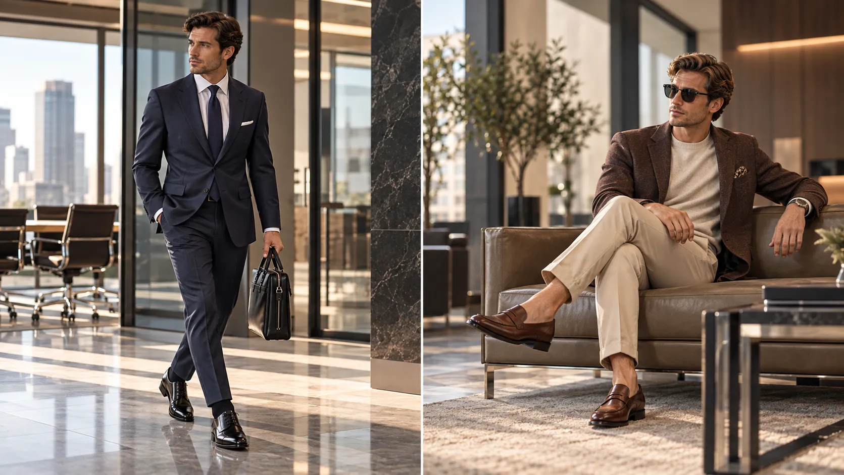 Vergleich zwischen formellem Anzug mit Schnürschuhen und Smart-Casual-Look mit Loafern