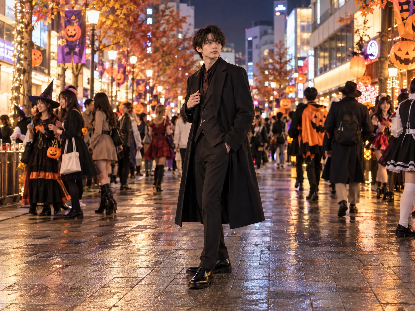 ハロウィン夜の街歩きでスタイリッシュな黒コート仮装を楽しむメンズコーディネート
