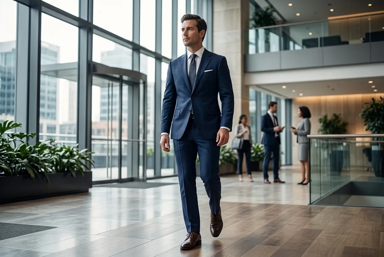 Eleganter Mann im blauem Anzug mit Elevator Shoes im modernen Büro