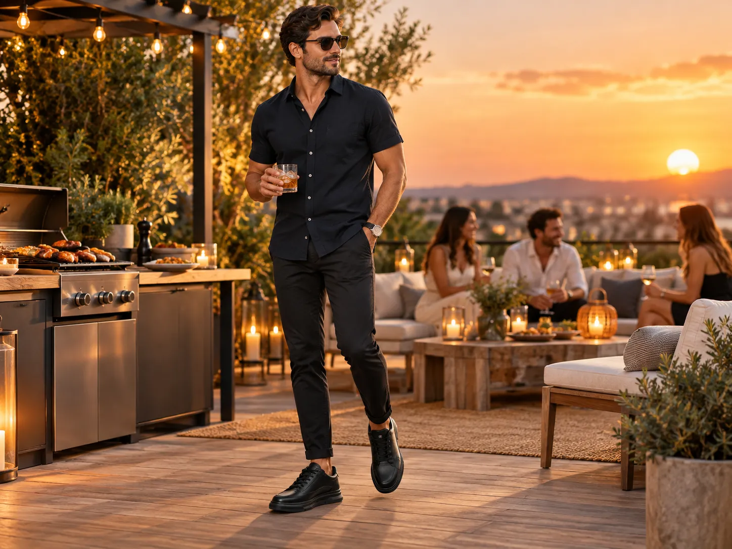A man wearing a dark short-sleeve button-down, black chinos, and black leather elevator sneakers at a backyard sunset BBQ in Australia, representing smart-casual evening footwear.