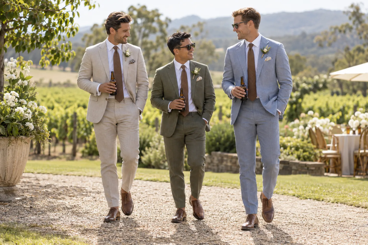 Three groomsmen in stone, olive and light blue summer suits wearing matching brown leather oxfords at a vineyard wedding