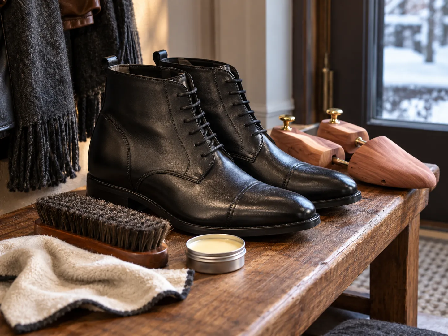 Schwarze Lederstiefel mit Rosshaarbürste, Lederbalsam, Tuch und Schuhspannern auf einer Holzbank