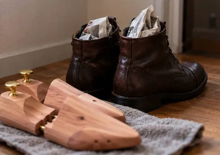 Nasse Lederstiefel mit Zeitungspapier gefüllt, daneben Schuhspanner aus Zedernholz auf einem Handtuch