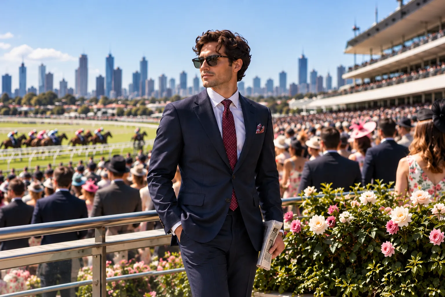 A well-dressed man in a navy suit at Flemington Racecourse, overlooking the Melbourne city skyline, illustrating modern menswear for the Melbourne Cup Carnival.