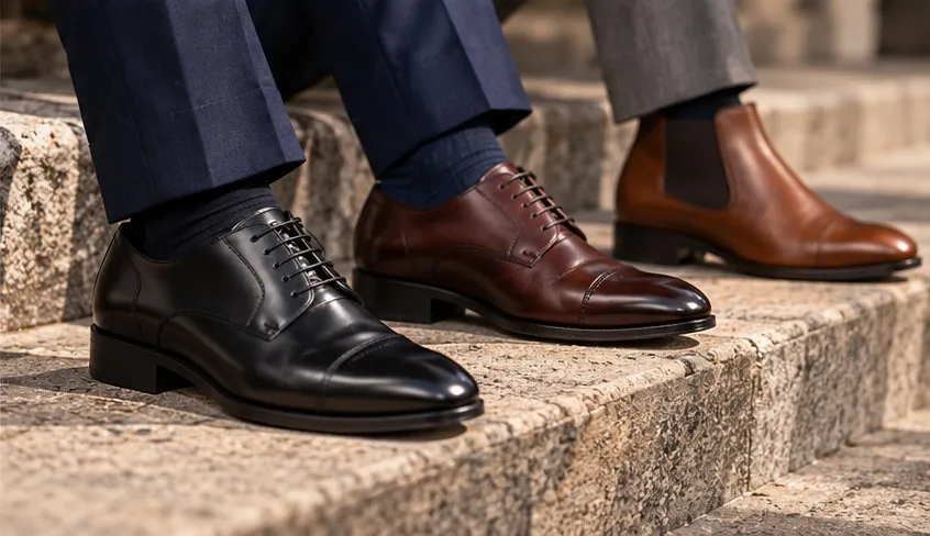 Close-up of three pairs of men's leather dress shoes – black Oxford, brown Derby, and tan Chelsea boot – on stone steps, showcasing styles suitable for the Melbourne Cup.