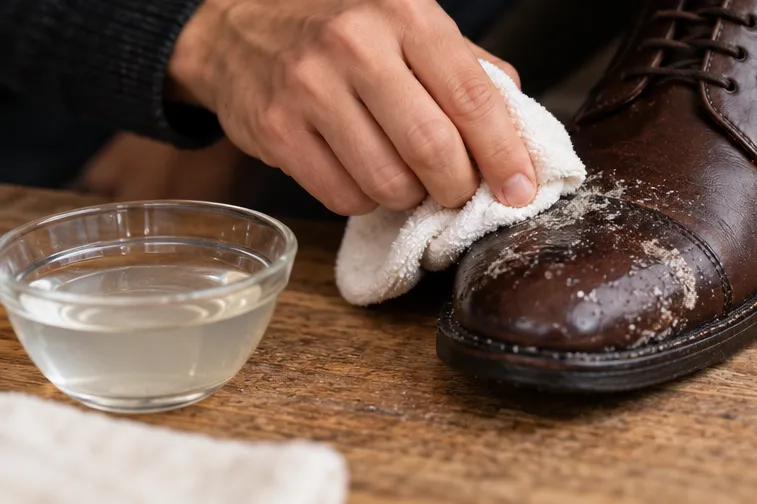 Salzrand auf einem braunen Lederstiefel wird mit einem weichen Tuch und Wasser abgewischt