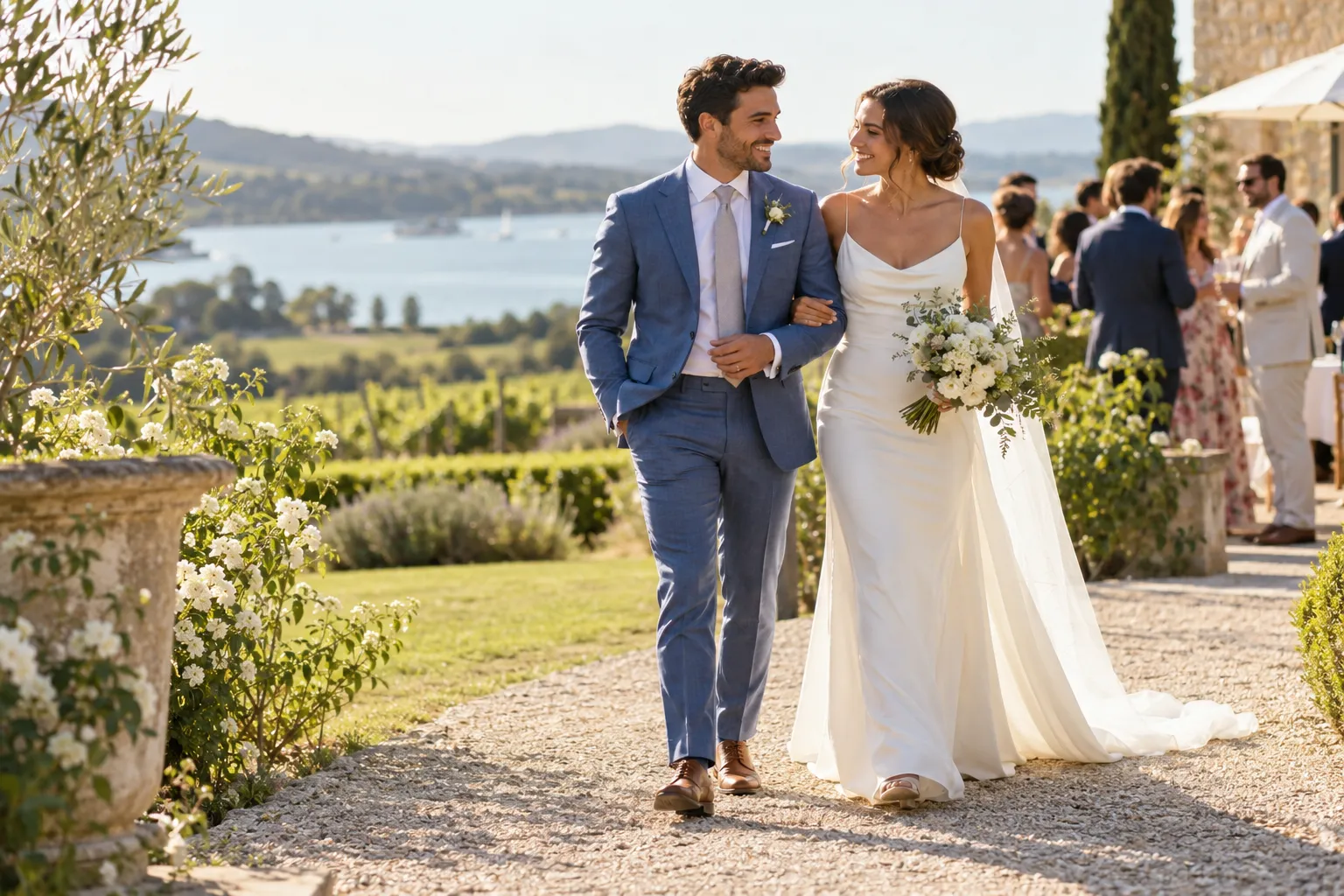 Groom in a mid-blue summer suit and tan leather lace-up shoes walking with his bride at a vineyard wedding